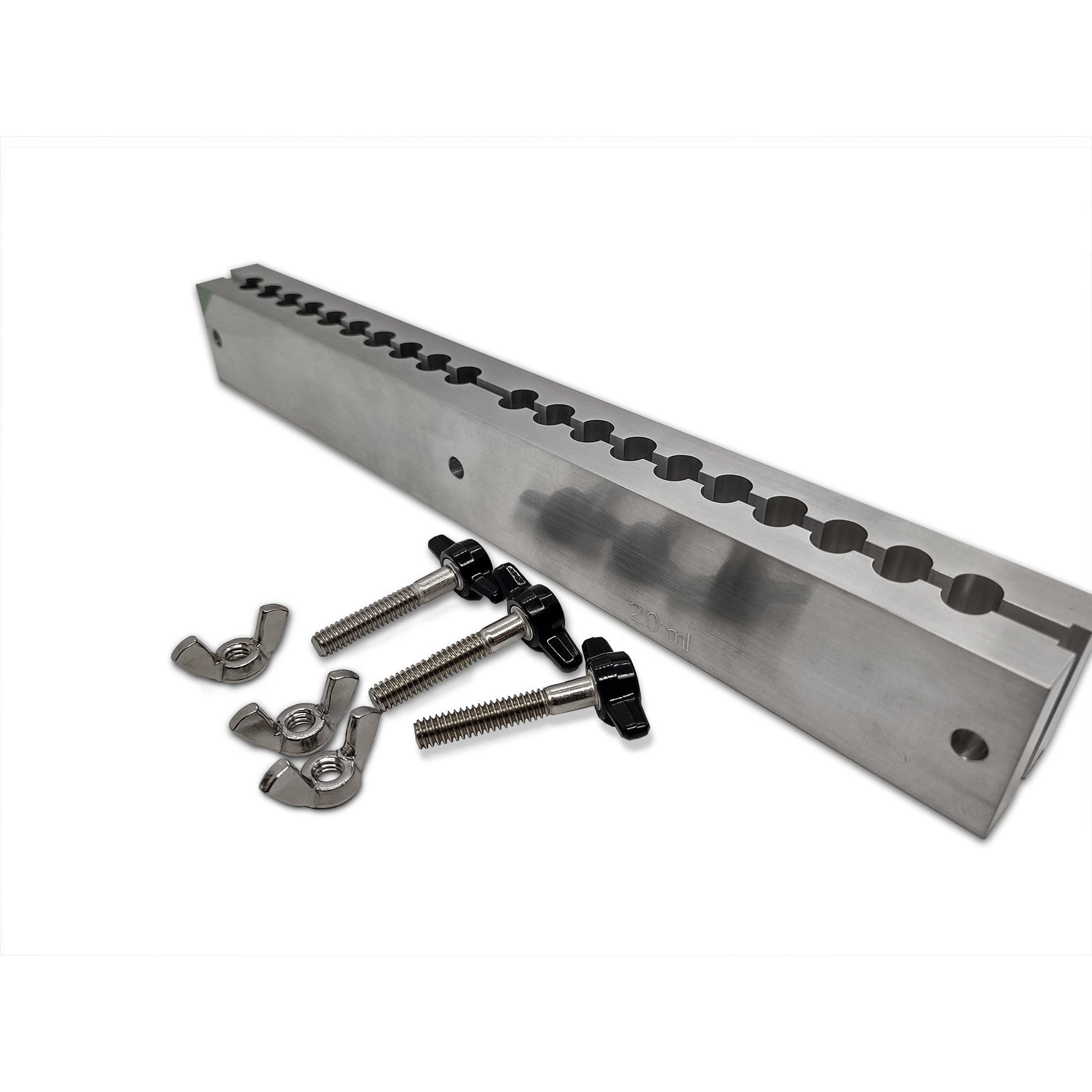 Suppository Mold, Aluminum, 2.0ml, 20 Cavity Side View with all parts